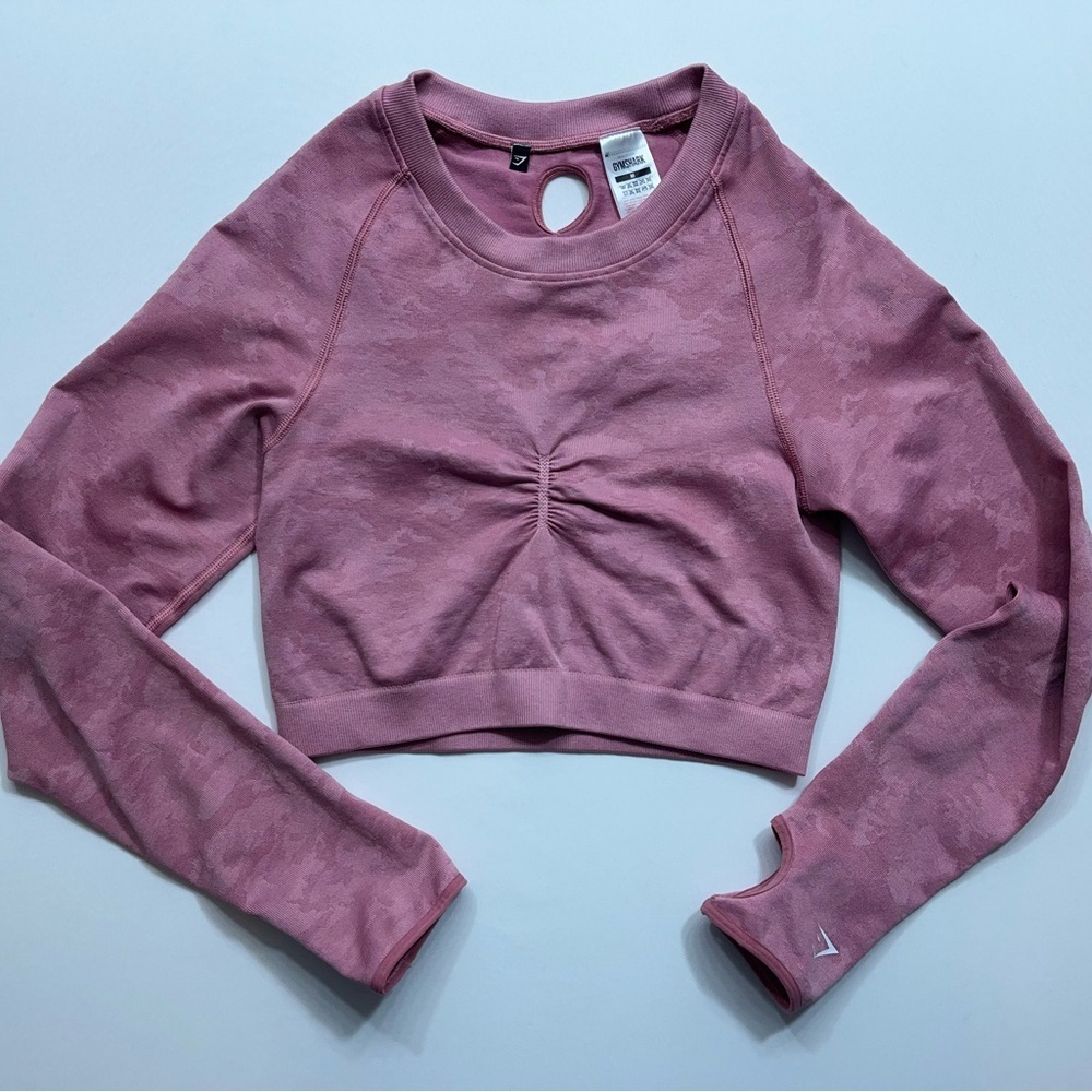 Gymshark Cropped Flex Top Womens Size Medium Pink Splash Camo Fitted Thumbholes
